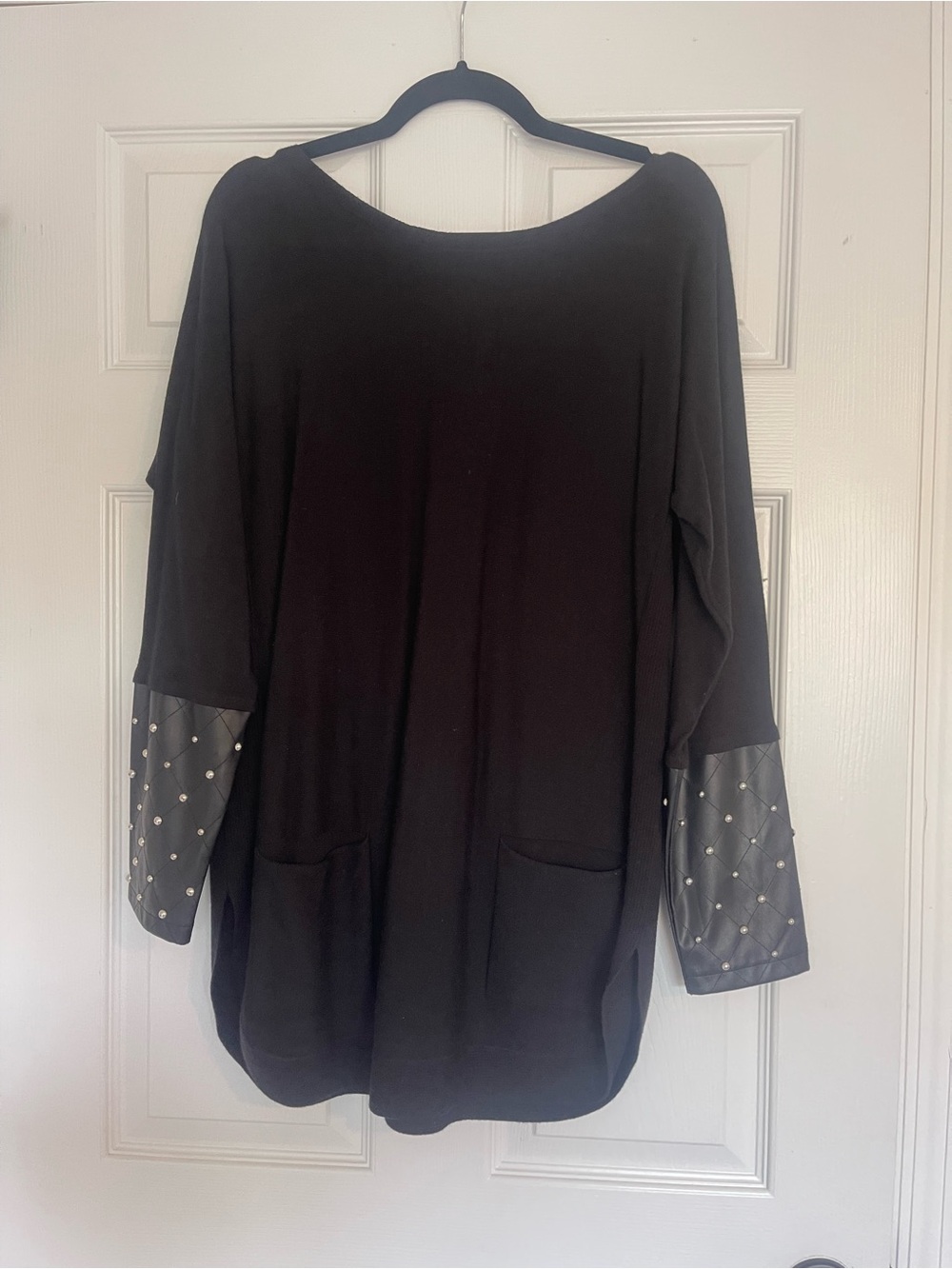 Black Women's Long Sleeve Sweater with Studded Sleeve Detail
